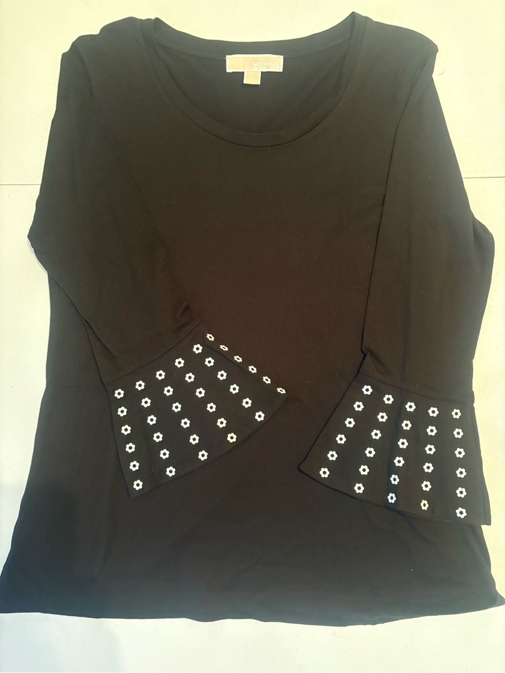 Michael Kors Black Long-Sleeve Top with White Floral Bell Cuffs